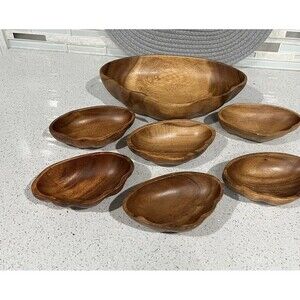 Vintage MCM Vintage Arcadia Wood Sea Shell Salad Bowl And Salad Cups Grannycore